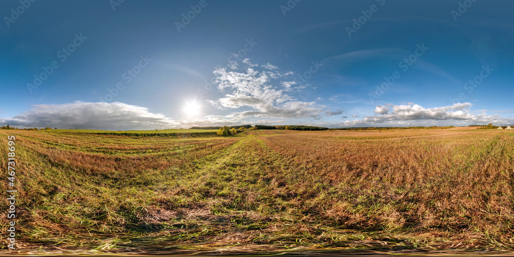 Wall mural hdri panorama 360 view among farming fields with sunset clouds in equirectangular spherical projecti