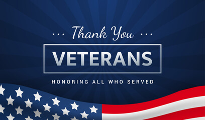 Thank you Veterans - Honoring all who served vector illustration. USA flag waving on blue background. Veterans day card - obrazy, fototapety, plakaty