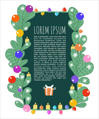 New Year's templates for text. Christmas background for text with fir branches, candles, decorations, LED garlands. New Year's green leaflet, postcard. Cartoon vector illustration.