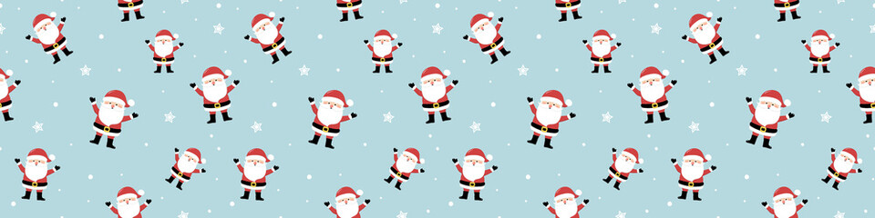 Design of seamless pattern with funny Santa Claus. Panoramic header. Vector