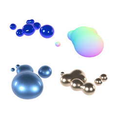 multicolored gold blue liquid objects 3D render in isolated background 