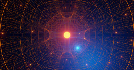 Render with space background from yellow sphere and mesh in blue light