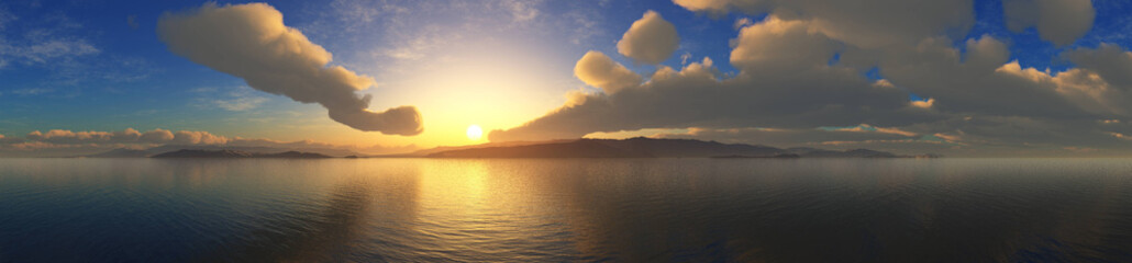 Obraz premium Ocean at sunrise, sunset at sea, panorama of seascape, 3D rendering