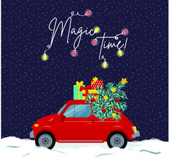 Vintage red car carrying Christmas tree. Christmas card for print. Magic time.