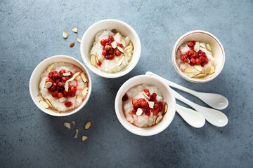 Traditional homemade rice pudding with wild strawberry	