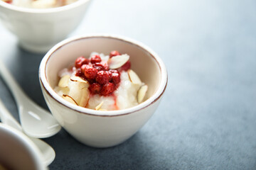 Traditional homemade rice pudding with wild strawberry	