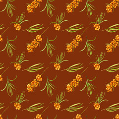 Hand painted watercolor sandthorn seamless pattern