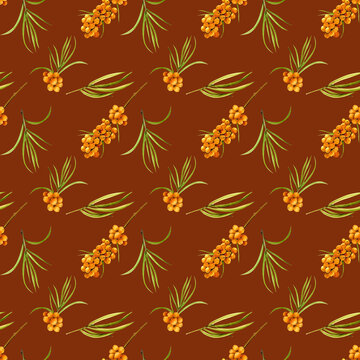 Hand painted watercolor sandthorn seamless pattern