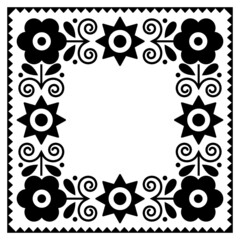 Polish traditional folk art square frame or border vector monochrome design with flowers, perfect for greeting card or wedding invitation
