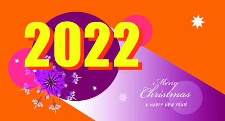 Merry Christmas and Happy New Year 2022 banner with multicolored snowflake, numbers and greeting inscription. Holiday poster, header for website, flyer, greeting card. Vector illustration. 