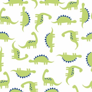 Simple dinosaur pattern. White background, cute green  dinosaurs. 