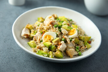 Fototapeta na wymiar Healthy quinoa bowl with chicken, avocado and eggs