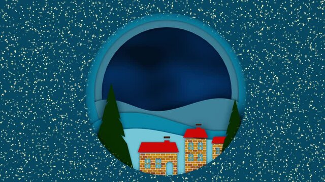 New Year. Festive New Year's animation. In the composition there are houses, Christmas trees, falling snowflakes, flying clouds, on the hill there is a deer