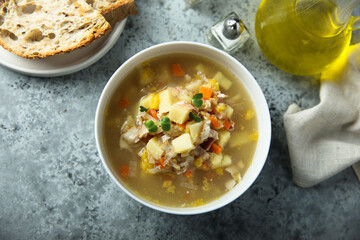 Homemade crab soup with vegetables