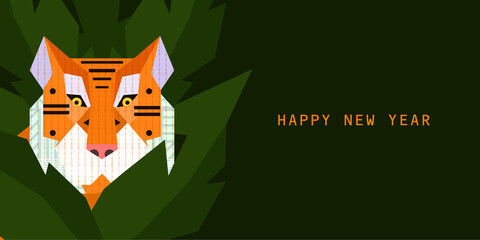 Chinese New Year 2022 modern art design in geometric style. Template for greeting card, poster, banner with a stylized tiger. The symbol of the new year.