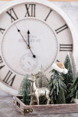Christmas clock with winter decoration. Happy new year concept