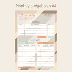 Personal monthly budget planner in a4 format. Finance, income and expenses.