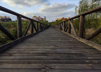 Fototapeta na wymiar bonita pasarela de madera en la playa rodeada de vegetación verde con un bonito cielo azul con nubes