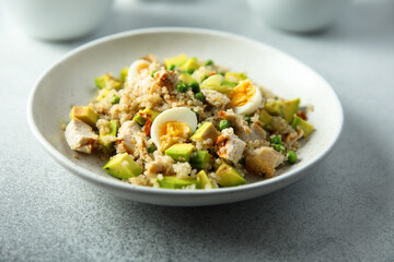 Healthy quinoa bowl with chicken, avocado and eggs