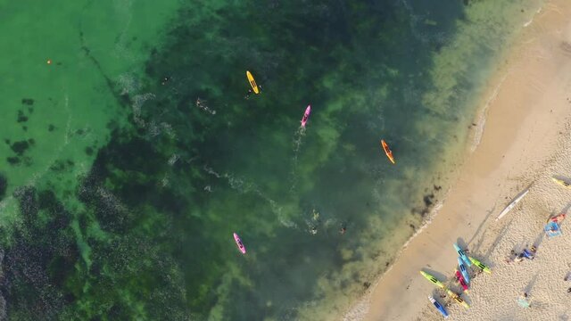 Shoal of surfers coral reef riding at Marazion UK aerial 