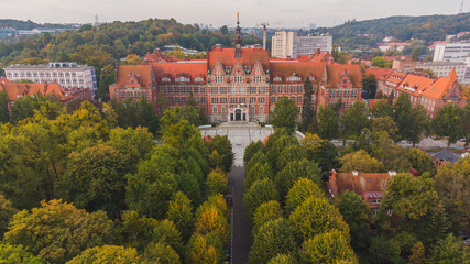 Gdańsk University of Technology and a beautiful autumn park. Gdansk, Poland.