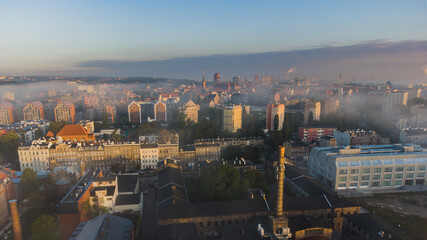 Aerial view of the Lower Town in Gdansk. Light fog and autumn climate. A wonderful, magical atmosphere of the most beautiful cities in Poland.