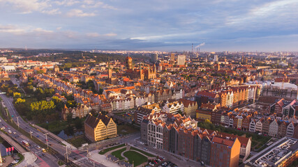 Amazing panorama of Gdańsk on an autumn morning. Aerial view from the vicinity of the Lower Town.