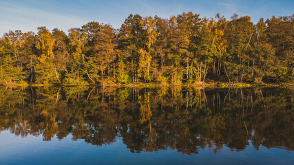 Beautiful autumn view of the forest areas and the lake. Gdańsk Stogi. - obrazy, fototapety, plakaty
