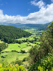 Top view of a hilly valley with green terraces. Beautiful mountain landscape. Vertical panorama