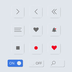 Neumorphism.UI icons set. Vector. For mobile, web, social media, business.