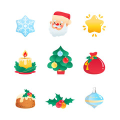 Set of cartoon Christmas icons. Collection of winter holiday symbols: a Santa Claus, a star, a holly berry, a fir tree, a christmas ball, a Santa Claus bag, a snowflake, a pudding, and a candle. 