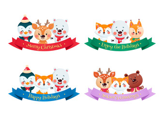 Set of cute cartoon winter holiday badges. Four christmas illustrations of little animals and ribbons with holiday greetings isolated on a white background. Vector illustration 10 EPS.