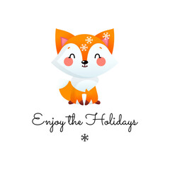 Enjoy the Holidays card with cartoon fox. Christmas illustration of a cute little fox with snowflakes on its face isolated on a white background. Vector 10 EPS.
