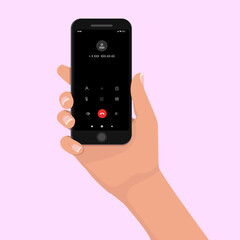 A woman's hand holding a smartphone. Dialing a number. Call. Flat style, vector illustration.