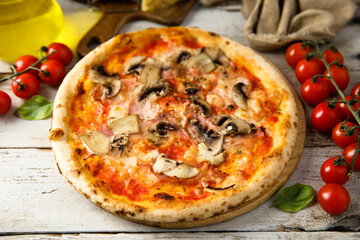 Traditional homemade pizza with mushroom and ham
