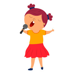 cute cartoon girl sings into a microphone, vector isolated on a white background.