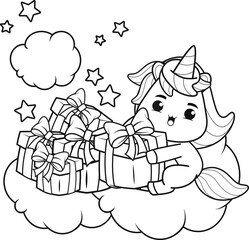 Christmas coloring book with cute unicorn