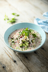 Traditional homemade cold soup with cucumber and radish