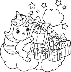 Christmas coloring book with cute unicorn