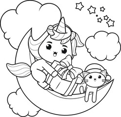 Christmas coloring book with cute unicorn