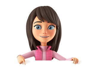 Cartoon character beautiful girl in a pink jacket points her finger at a blank board. 3d render illustration.