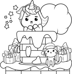 Christmas coloring book with cute unicorn