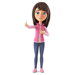 Cartoon character beautiful girl in a pink jacket points the thumb up. 3d render illustration.