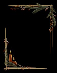 Dark Christmas frame. Digital winter art with candles, branches and berries.