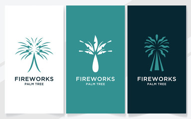 Fototapeta na wymiar Abstract fireworks with palm tree logo design, vector illustration set 