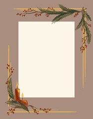 Christmas frame with candles, branches and berries. Digital art.