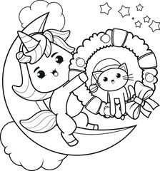 Christmas coloring book with cute unicorn