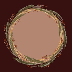 Christmas frame with branches and berries. Digital art.
