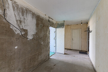 Russia, Moscow- May 03, 2020: interior rough repair for self-finishing. interior decoration, bare walls of the premises, stage of construction