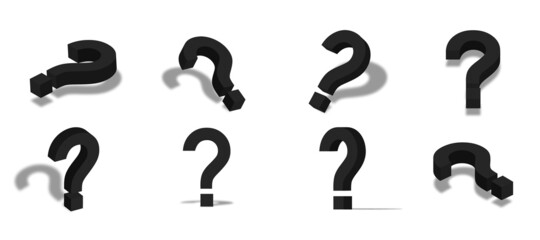 Black question mark 3d icon illustration with different views and angles